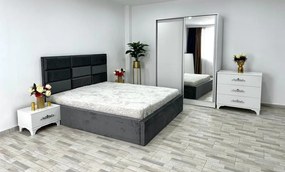 Dormitor complet Roma, culoare gri / alb, cu pat Roma 160 x 200 cm, dressing Erika, 2 noptiere si comoda Viena