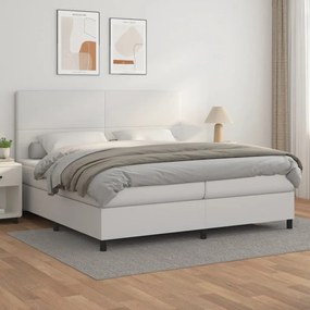 3142744 vidaXL Pat box spring cu saltea, alb, 200x200 cm, piele ecologică