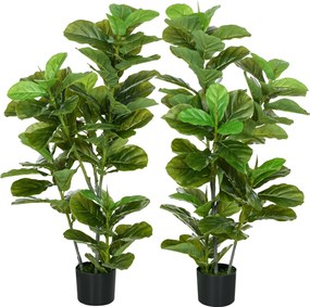 HOMCOM, Set de 2 plante artificiale Ficus Lyrata, arbori artificiali cu ghiveci inclus, înălțime 110 cm, verde | Aosom Romania