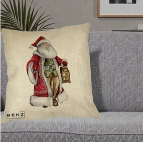 Perna Decorativa Mos Craciun Vintage cu Felinar, 40x40 cm, Crem, Husa Detasabila, Perna Inclusa, BEKZ®