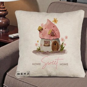 Perna Decorativa Home Sweet Home Casuta, 40x40 cm, Bej Canapea, Husa Detasabila, Perna Inclusa, BEKZ®