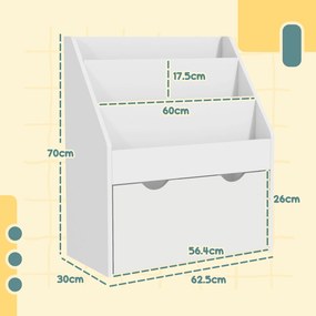 AIYAPLAY Bibliotecă Copii 3-8 Ani cu 3 Rafturi și Sertar, Raft de Depozitare Jucării, 62,5x30x70 cm, Alb | Aosom Romania