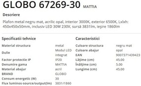 Plafoniera LED design modern Mattia negru mat 45x45cm