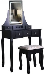 RESIGILAT- Set Cleopatra, Masă de toaletă cu oglindă iluminată LED, control touch, 5 sertare, scaun, Negru