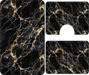 Set covoare baie antiderapante, 3 piese, model marmura neagra cu accente aurii