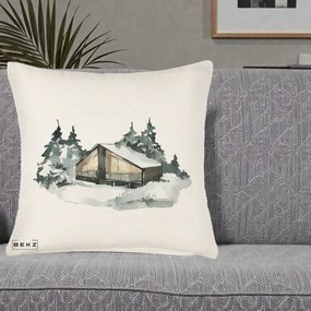 Perna Decorativa Cabana de Iarna in Padure, 40x40 cm, Crem Reliefat, Husa Detasabila, Perna Inclusa, BEKZ®