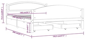 Cadru pat cu 4 sertare, maro inchis, 140x200 cm, lemn masiv pin Maro inchis, 140 x 200 cm, 4 Sertare