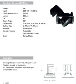 Spot LED reglabil Trimless 9W 2700K negru