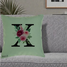 Cadou Personalizat - Perna Personalizata Monograma Florala Litera X cu Buchet, 40x40 cm, Verde, Husa Detasabila, Perna Inclusa, BEKZ®