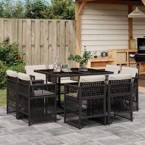 vidaXL Set mobilier de grădină cu perne, 9 piese, negru, poliratan