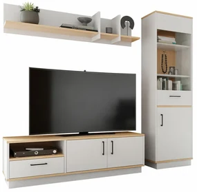 Camera de zi Omaha T129Stejar ușor, Alb, Cu componente suplimentare, Părți separate, Cu comodă tv, Sticlă călită, PAL laminat, 194x50cm
