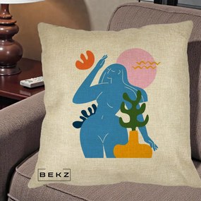 Perna Decorativa Femeie Albastra Cactus, 40x40 cm, Crem, Husa Detasabila, Perna Inclusa, BEKZ®