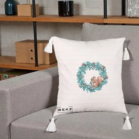 Perna Decorativa Coroana Turcoaz cu Veverita, 40x40 cm, Bej cu Franjuri, Husa Detasabila, Perna Inclusa, BEKZ®