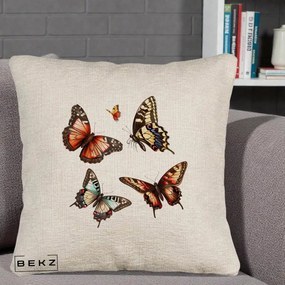 Perna Decorativa Colectie Fluturi Multicolori, 40x40 cm, Bej Canapea, Husa Detasabila, Perna Inclusa, BEKZ®