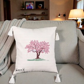Perna Decorativa Cires Inflorit Acuarela, 40x40 cm, Bej cu Franjuri, Husa Detasabila, Perna Inclusa, BEKZ®