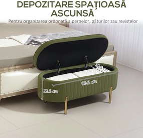 HOMCOM Băncuță Tapițată pentru Dormitor cu Capitonaj Canelat și Picioare Metalice, 108x44x43,5 cm, Verde | Aosom Romania