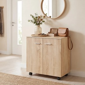 HOMCOM Bufet de living cu roți 2 uși și rafturi pentru living, dormitor, birou 60x35x65 cm Natural | Aosom Romania