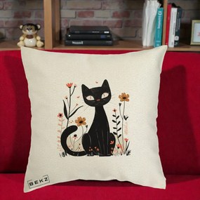 Perna Decorativa Pisica Neagra Flori Pastel Folk, 40x40 cm, Ecru, Husa Detasabila, Perna Inclusa, BEKZ®