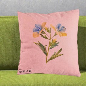 Perna Decorativa Botanica Frezie Galbena si Albastra, 40x40 cm, Roz, Husa Detasabila, Perna Inclusa, BEKZ®