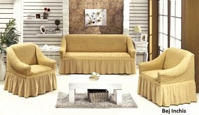 Set huse elastice si creponate pentru canapea 3 locuri si 2 fotolii, cu volanas, culoare Bej Inchis