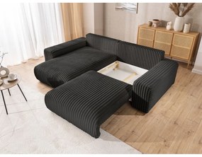 Colțar gri închis extensibil, cu spațiu de depozitare, cu tapițerie din catifea reiată (cu colț pe partea stângă) Sarina – Ropez