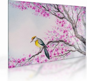 Tablou pe sticlă - Pasăre pe un copac cu flori roz (70x50 cm)