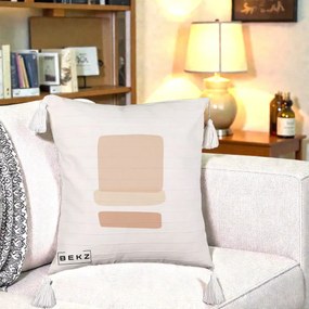 Perna Decorativa Abstract Forme Bej Poudre, 40x40 cm, Bej cu Franjuri, Husa Detasabila, Perna Inclusa, BEKZ®