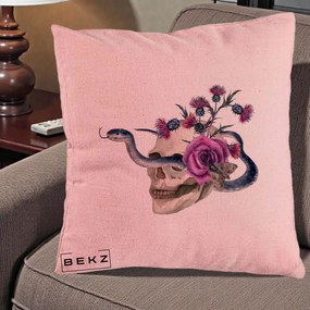 Perna Decorativa Craniu cu Sarpe si Trandafiri Gothic, 40x40 cm, Roz, Husa Detasabila, Perna Inclusa, BEKZ®