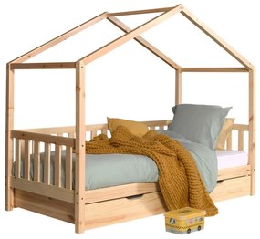 Set DALLAS culoare lemn natural format dintr-un Pat copii Vipack cu gard (90 x 200 cm) și un sertar.