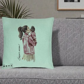 Cadou pentru Mama - Perna Personalizata Super Mom Jachete Roz, 40x40 cm, Verde Menta, Husa Detasabila, Perna Inclusa, BEKZ®
