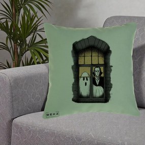 Perna Decorativa Halloween Fantoma si Dracula la Fereastra, 40x40 cm, Verde, Husa Detasabila, Perna Inclusa, BEKZ®