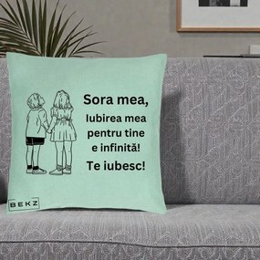 Cadou pentru Sora - Perna Personalizata Sora Mea Te Iubesc Copii Tinand Maini Line Art, 40x40 cm, Verde Menta, Husa Detasabila, Perna Inclusa, BEKZ®
