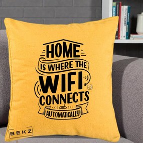 Perna Decorativa Home Is Where WiFi Connects, 40x40 cm, Galben, Husa Detasabila, Perna Inclusa, BEKZ®
