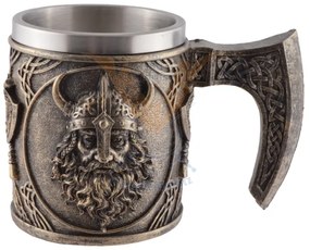 Halba finisaj bronz Viking cu topoare si cap de razboinic, 350 ml, cupa detasabila din inox