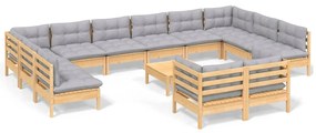 Set mobilier de gradina cu perne, 13 piese, gri, lemn masiv pin Maro  si gri, 13