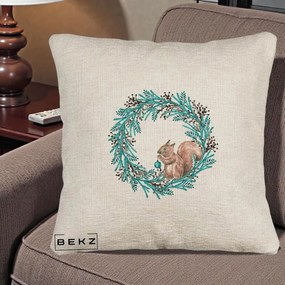 Perna Decorativa Coroana Turcoaz cu Veverita, 40x40 cm, Bej Canapea, Husa Detasabila, Perna Inclusa, BEKZ®
