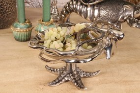 Bol decorativ din aluminiu reciclat, argintiu, în formă de scoică, cu caracatiță și picior în formă de stea de mare, decor marin, finisaj lucios, 14