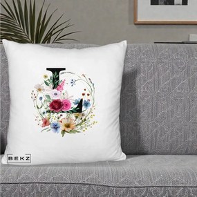 Cadou Personalizat - Perna Personalizata Monogram Litera L cu Flori Acuarela, 40x40 cm, Alb Pufos, Husa Detasabila, Perna Inclusa, BEKZ®