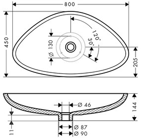 Lavoar pe blat, Axor, Massaud, asimetric, 80 x 45 cm, alb, 42300000