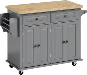 HOMCOM Căruț de Bucătărie cu 2 Sertare și 2 Dulapuri, Insulă de Bucătărie cu Blat din Lemn, 111x44,5x82,5 cm, Gri | Aosom Romania