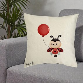 Perna Decorativa Buburuza cu Balon Rosu, 40x40 cm, Ecru, Husa Detasabila, Perna Inclusa, BEKZ®
