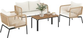 Outsunny Set mobilier de grădină, grup de șezut pentru 4 persoane, lounge cu sofă 2 locuri, 2 fotolii, masă cu lamele, împletitură tip sfoară, perne lavabile | Aosom Romania