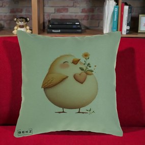 Perna Decorativa Pui cu Inima si Floarea-Soarelui, 40x40 cm, Verde, Husa Detasabila, Perna Inclusa, BEKZ®