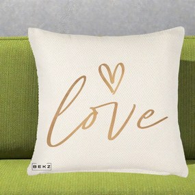 Perna Decorativa Love Caligrafie Aurie, 40x40 cm, Crem Reliefat, Husa Detasabila, Perna Inclusa, BEKZ®