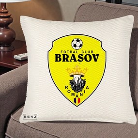 Perna Personalizata FC Brasov Fotbal Romania, 40x40 cm, Crem Reliefat, Husa Detasabila, Perna Inclusa, BEKZ®
