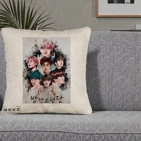 Perna Personalizata K-pop BTS Bangtan Boys Poster Artistic Negru Alb, 40x40 cm, Bej Canapea, Husa Detasabila, Perna Inclusa, BEKZ®