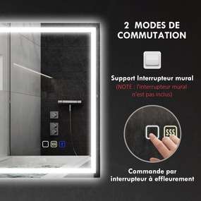 HOMCOM Oglindă baie LED bluetooth 80 x 100 cm întrerupător tactil lumină reglabilă 3 culori anti-ceață memorie argintiu | Aosom Romania