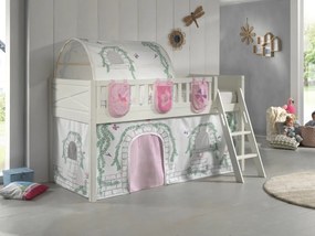 Set pat semi-supraetajat pentru copii SCOTT, alb, 90 x 200 cm, pin scandinav masiv, cu scară, opțional cu sertare și buzunare pentru depozitare și