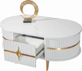 RESIGILAT- Măsuță de cafea cu riflaje și sertar, Alb/Auriu, 105x60x47cm