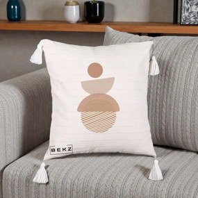 Perna Decorativa Geometric Boho Forme Terracotta, 40x40 cm, Bej cu Franjuri, Husa Detasabila, Perna Inclusa, BEKZ®